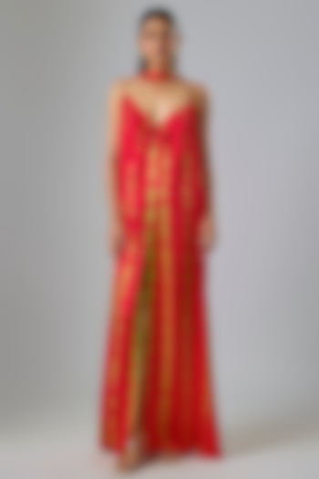 Red Lycra Silk Satin Leheriya Cocktail Dress With Scarf by Stephany at Pernia's Pop Up Shop