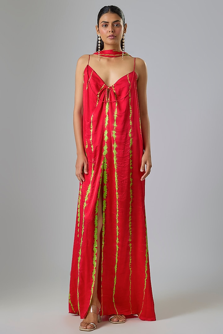 Red Lycra Silk Satin Leheriya Cocktail Dress With Scarf by Stephany at Pernia's Pop Up Shop