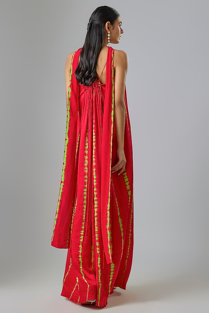 Red Lycra Silk Satin Leheriya Cocktail Dress With Scarf by Stephany at Pernia's Pop Up Shop