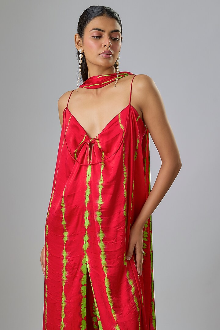 Red Lycra Silk Satin Leheriya Cocktail Dress With Scarf by Stephany at Pernia's Pop Up Shop
