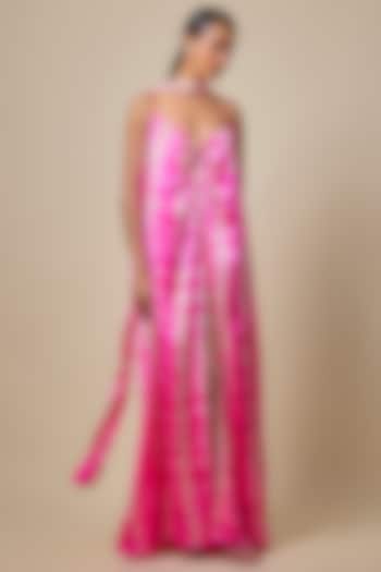 Pink Lycra Silk Satin Leheriya Cocktail Dress With Scarf by Stephany at Pernia's Pop Up Shop