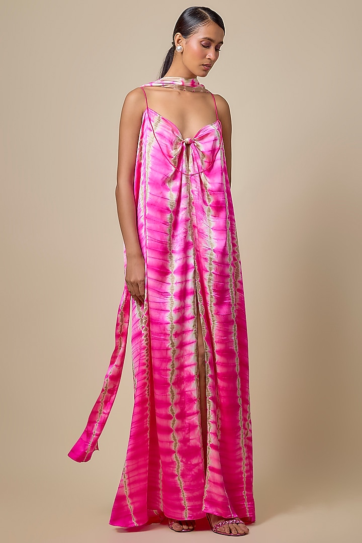 Pink Lycra Silk Satin Leheriya Cocktail Dress With Scarf by Stephany at Pernia's Pop Up Shop