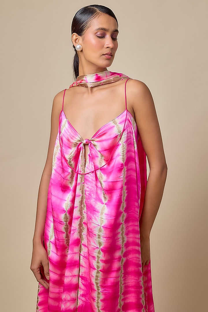 Pink Lycra Silk Satin Leheriya Cocktail Dress With Scarf by Stephany at Pernia's Pop Up Shop