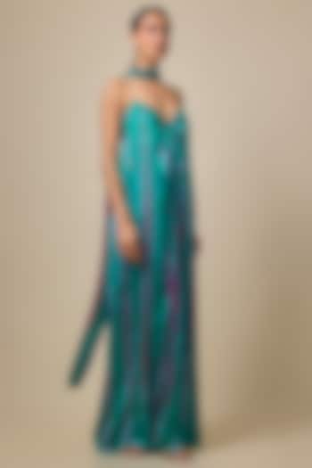 Green Lycra Silk Satin Leheriya Cocktail Dress With Scarf by Stephany at Pernia's Pop Up Shop