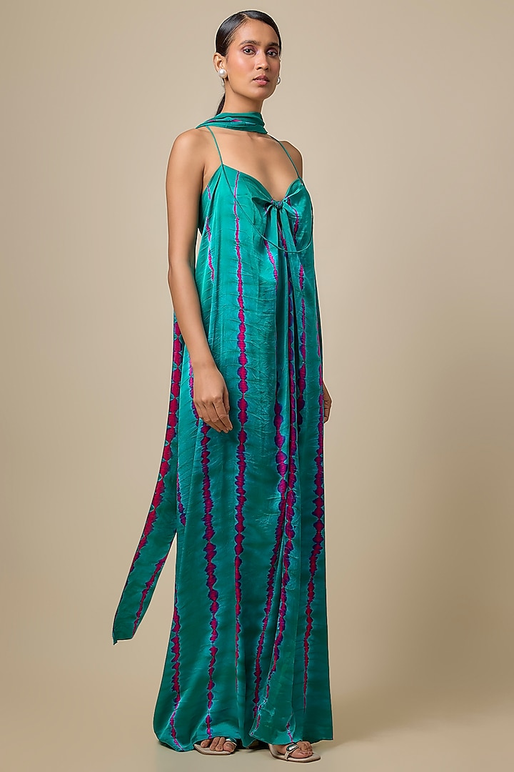 Green Lycra Silk Satin Leheriya Cocktail Dress With Scarf by Stephany at Pernia's Pop Up Shop