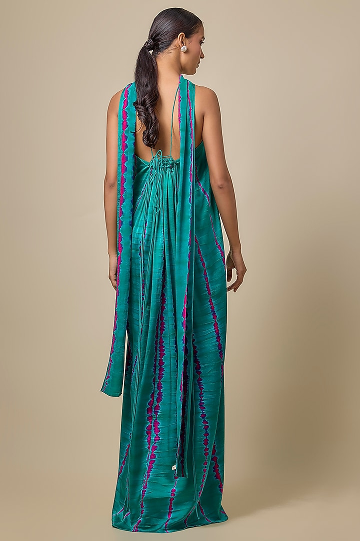 Green Lycra Silk Satin Leheriya Cocktail Dress With Scarf by Stephany at Pernia's Pop Up Shop