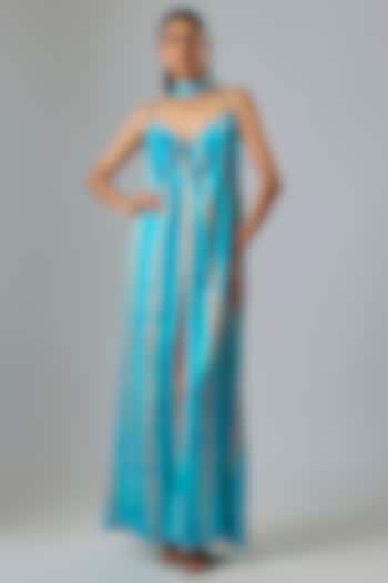 Blue Lycra Silk Satin Leheriya Cocktail Dress With Scarf by Stephany at Pernia's Pop Up Shop