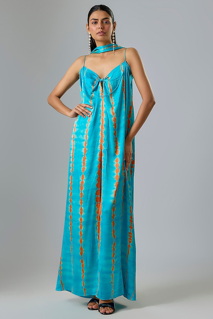 Blue Lycra Silk Satin Leheriya Cocktail Dress With Scarf by Stephany at Pernia's Pop Up Shop