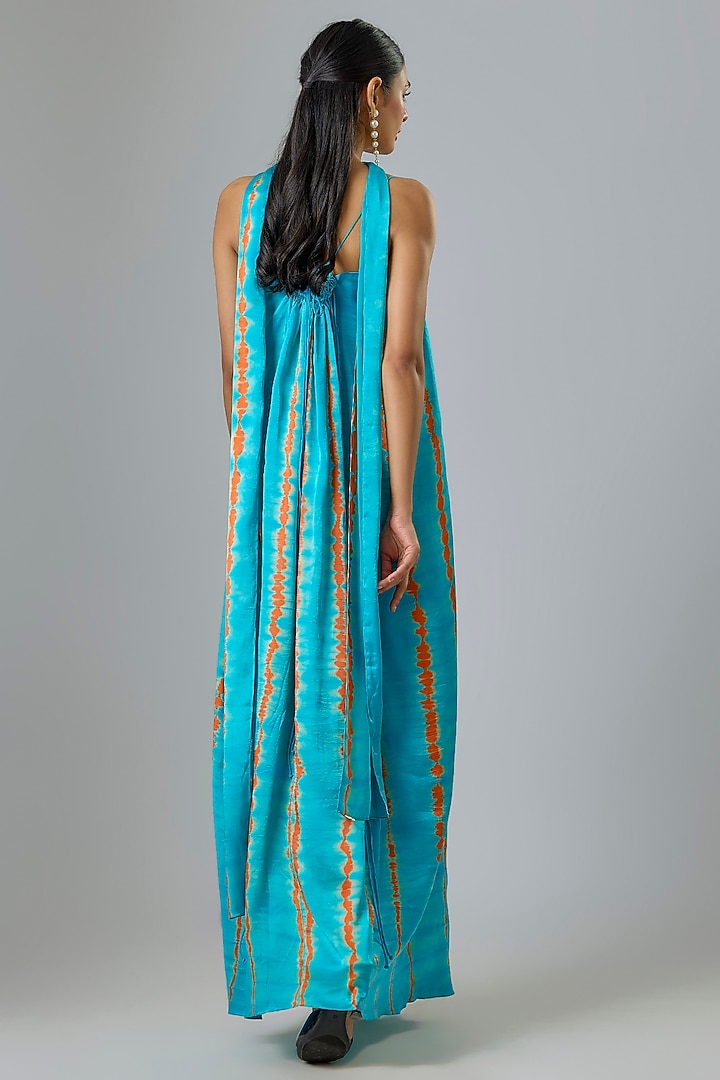 Blue Lycra Silk Satin Leheriya Cocktail Dress With Scarf by Stephany at Pernia's Pop Up Shop