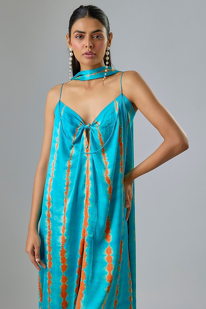 Blue Lycra Silk Satin Leheriya Cocktail Dress With Scarf by Stephany at Pernia's Pop Up Shop