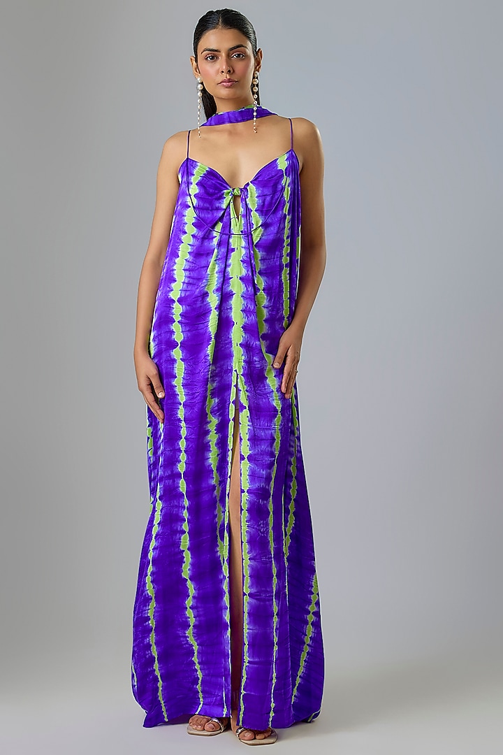 Purple Lycra Silk Satin Leheriya Cocktail Dress With Scarf by Stephany at Pernia's Pop Up Shop
