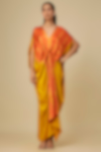 Gold Silk Lycra Satin Front Knot Leheriya Cocktail Dress by Stephany at Pernia's Pop Up Shop