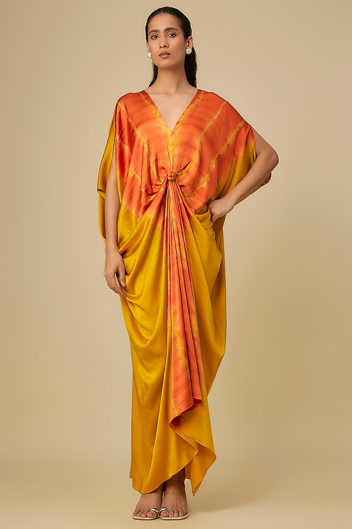 Gold Silk Lycra Satin Front Knot Leheriya Cocktail Dress by Stephany at Pernia's Pop Up Shop