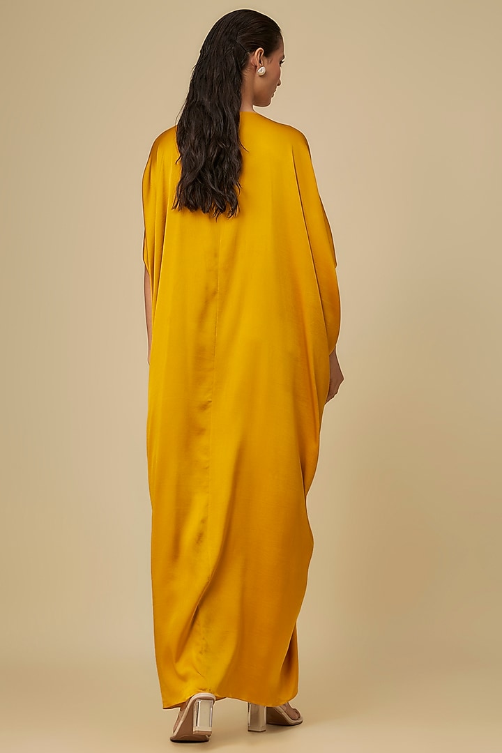 Gold Silk Lycra Satin Front Knot Leheriya Cocktail Dress by Stephany at Pernia's Pop Up Shop