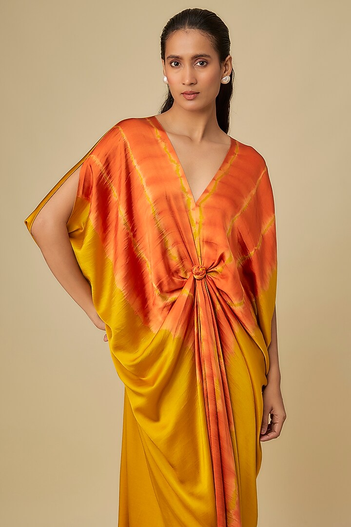 Gold Silk Lycra Satin Front Knot Leheriya Cocktail Dress by Stephany at Pernia's Pop Up Shop