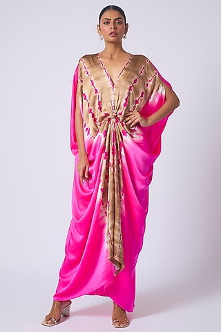 Pink Silk Lycra Satin Leheriya Dress by Stephany