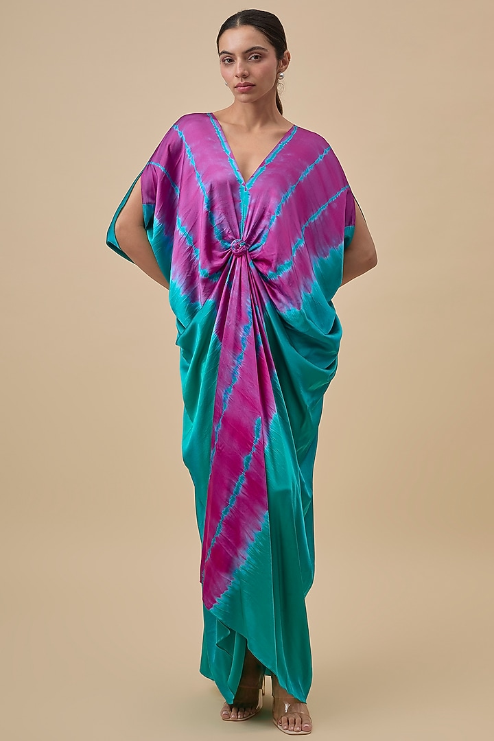 Sea Green & Pink Silk Lycra Satin Leheriya Printed Knotted Cocktail Dress by Stephany at Pernia's Pop Up Shop