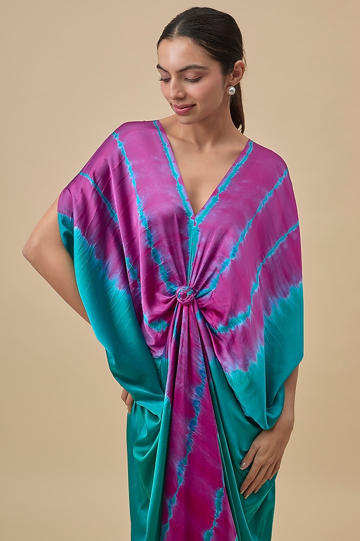 Sea Green & Pink Silk Lycra Satin Leheriya Printed Knotted Cocktail Dress by Stephany at Pernia's Pop Up Shop