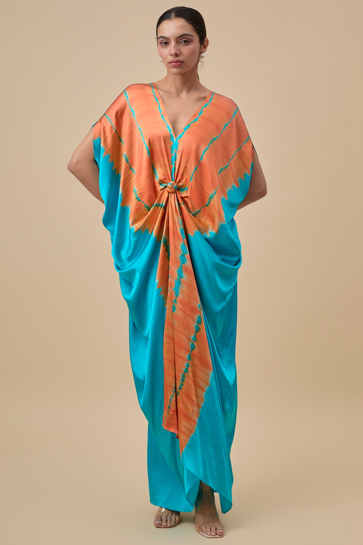 Stephany Turquoise & Orange Silk Lycra Satin Leheriya Printed Knotted Dress