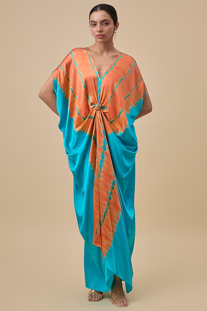Turquoise & Orange Silk Lycra Satin Leheriya Printed Knotted Cocktail Dress by Stephany at Pernia's Pop Up Shop