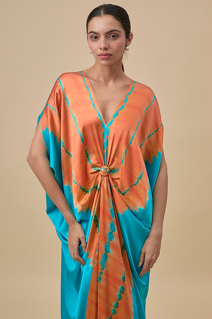 Turquoise & Orange Silk Lycra Satin Leheriya Printed Knotted Cocktail Dress by Stephany at Pernia's Pop Up Shop