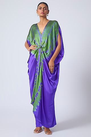 Purple Silk Lycra Satin Leheriya Dress by Stephany