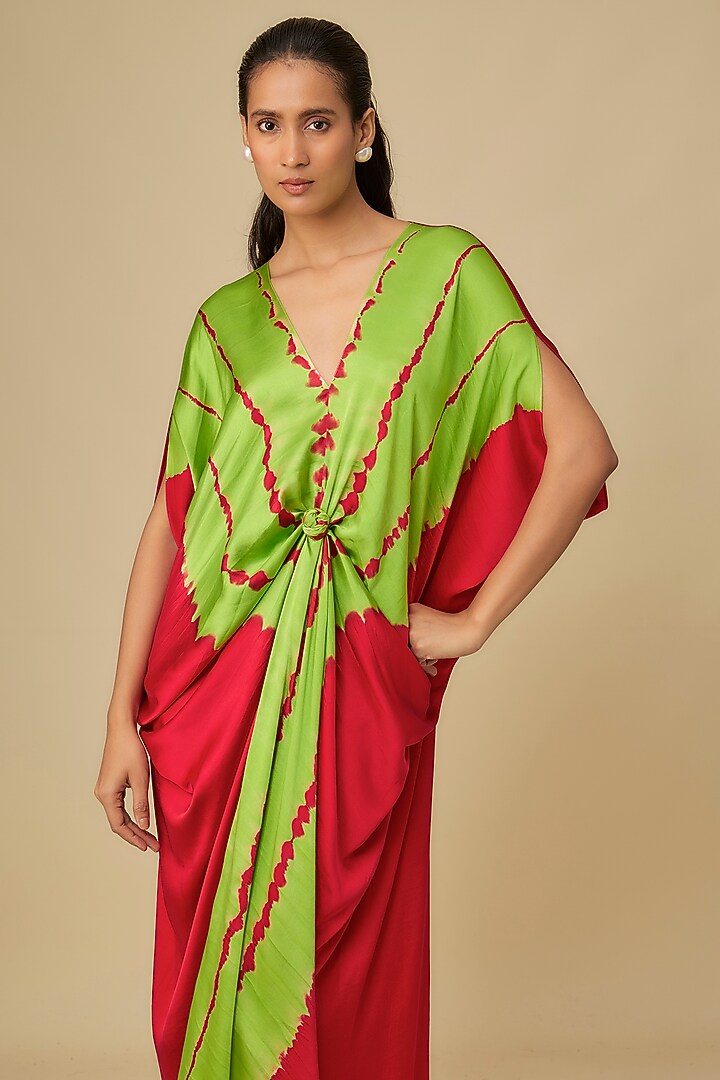Red Silk Lycra Satin Front Knot Leheriya Cocktail Dress by Stephany at Pernia's Pop Up Shop