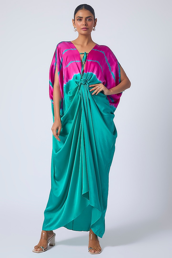 Green Silk Lycra Satin Leheriya Cocktail Dress by Stephany at Pernia's Pop Up Shop