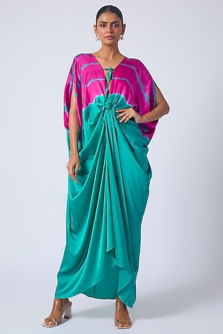 Green Silk Lycra Satin Leheriya Dress by Stephany