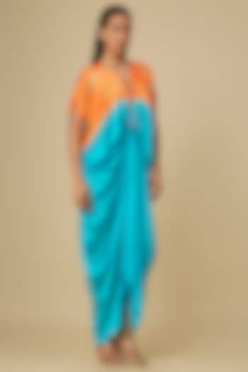 Blue Silk Lycra Satin Front Tie-Up Leheriya Cocktail Dress by Stephany at Pernia's Pop Up Shop