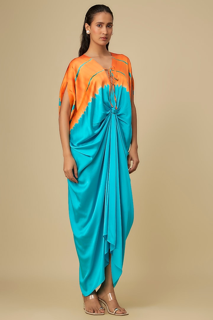 Blue Silk Lycra Satin Front Tie-Up Leheriya Cocktail Dress by Stephany at Pernia's Pop Up Shop