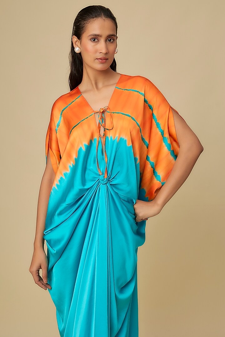 Blue Silk Lycra Satin Front Tie-Up Leheriya Cocktail Dress by Stephany at Pernia's Pop Up Shop