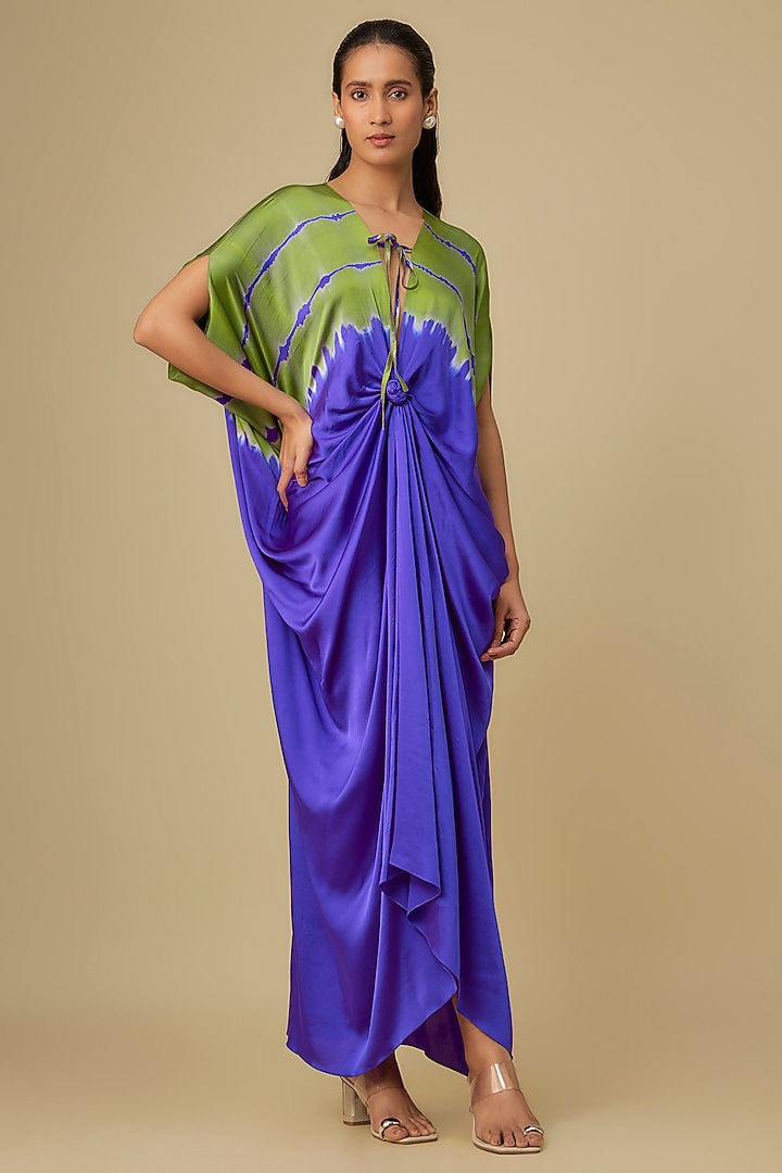 Purple Silk Lycra Satin Front Tie-Up Leheriya Cocktail Dress by Stephany at Pernia's Pop Up Shop