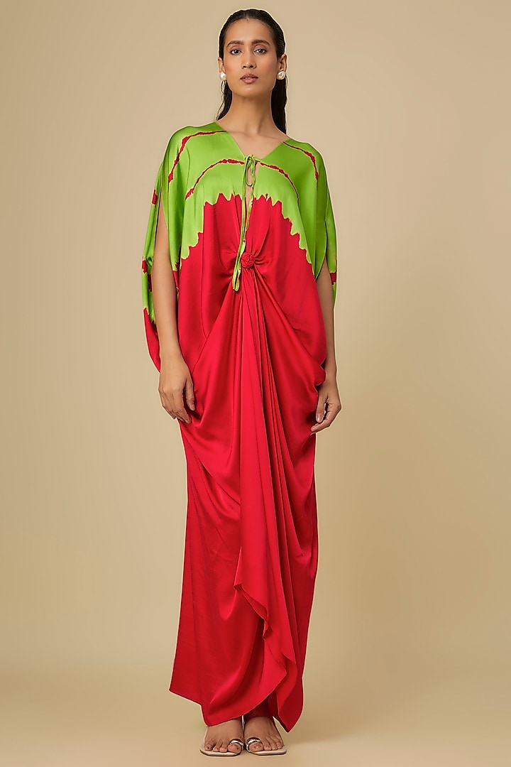 Red Silk Lycra Satin Front Tie-Up Leheriya Cocktail Dress by Stephany at Pernia's Pop Up Shop