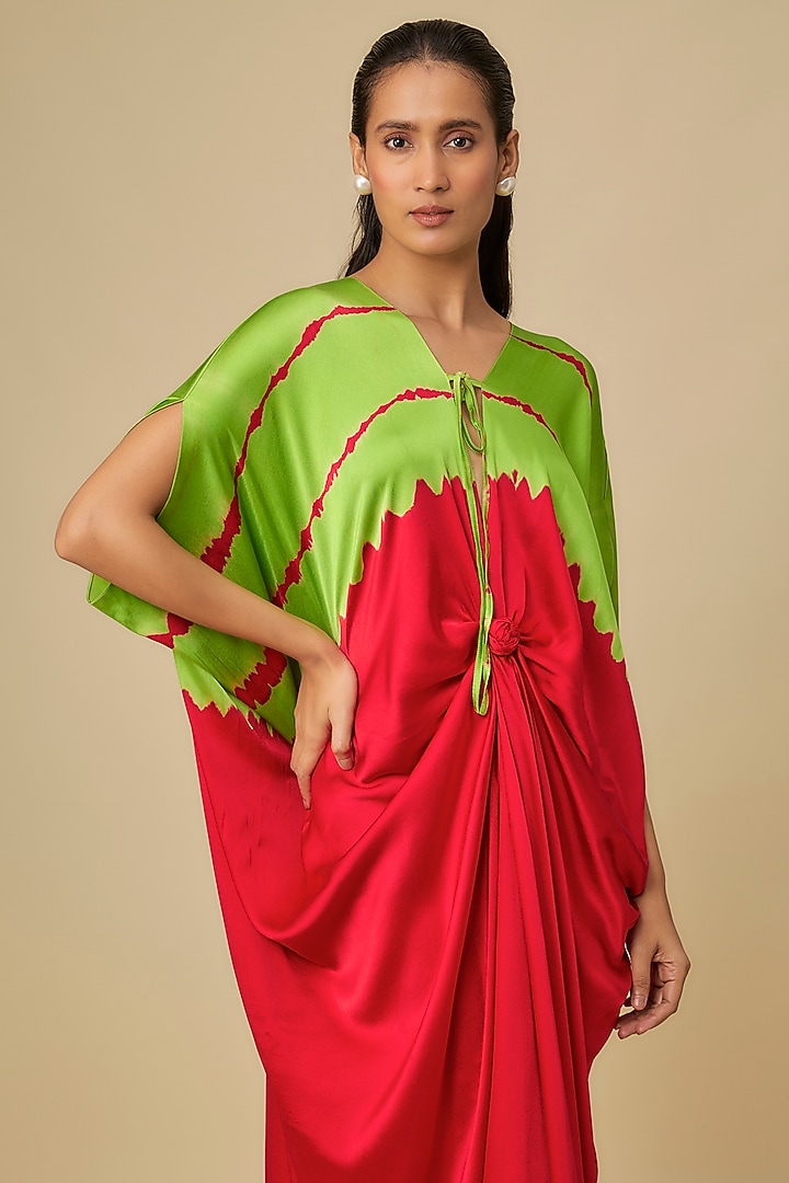 Red Silk Lycra Satin Front Tie-Up Leheriya Cocktail Dress by Stephany at Pernia's Pop Up Shop
