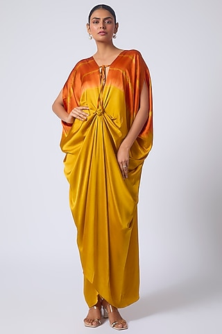 Gold Silk Lycra Satin Leheriya Dress by Stephany
