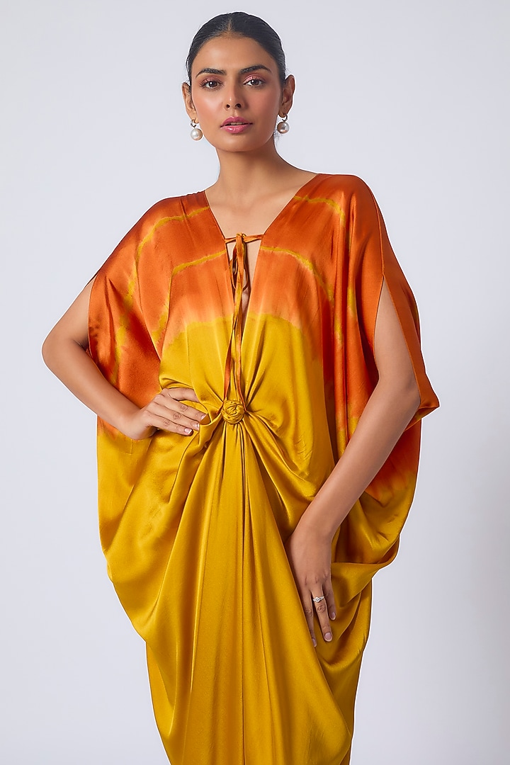 Gold Silk Lycra Satin Leheriya Cocktail Dress by Stephany at Pernia's Pop Up Shop