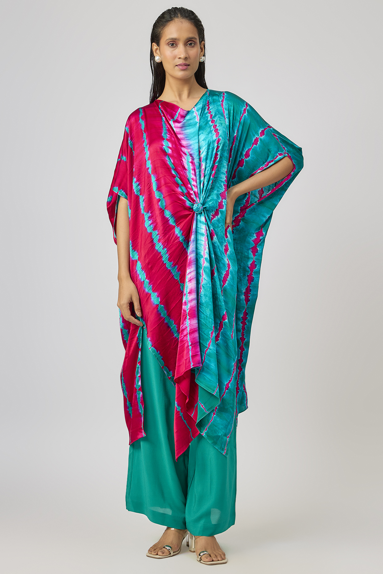 Green Silk Lycra Satin Leheriya Tie-Up Tunic Set by Stephany at Pernia's Pop Up Shop