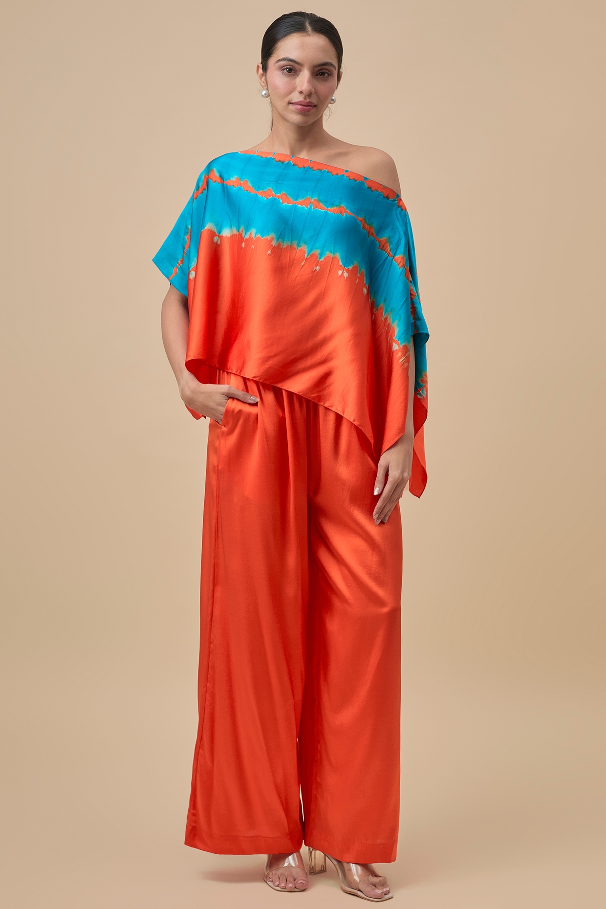 Stephany Turquoise & Orange Silk Lycra Satin Leheriya Printed Co-Ord Set