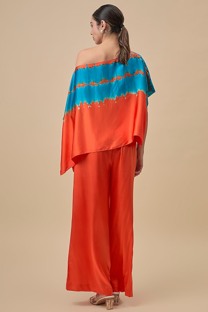 Turquoise & Orange Silk Lycra Satin Leheriya Printed Co-Ord Set by Stephany at Pernia's Pop Up Shop