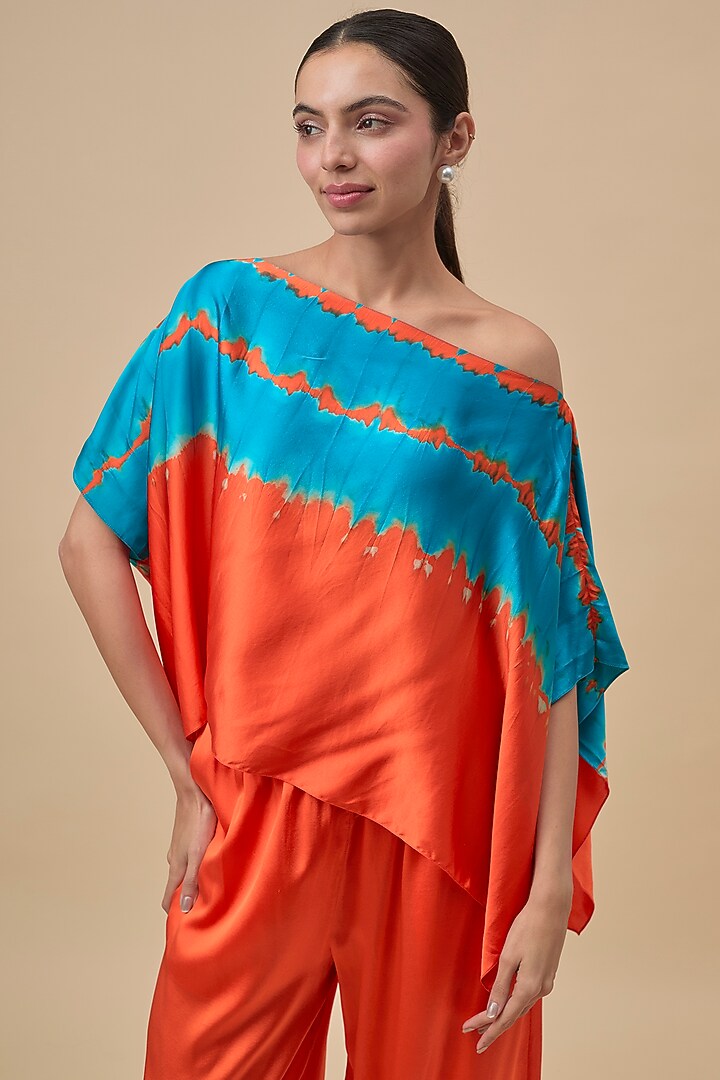 Turquoise & Orange Silk Lycra Satin Leheriya Printed Co-Ord Set by Stephany at Pernia's Pop Up Shop
