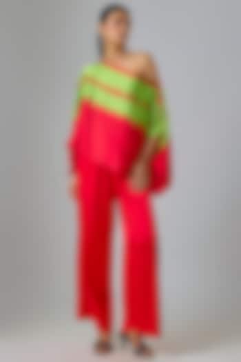 Red Silk Lycra Satin & Silk Crepe Co-Ord Set by Stephany at Pernia's Pop Up Shop