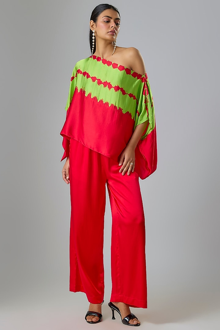 Red Silk Lycra Satin & Silk Crepe Co-Ord Set by Stephany at Pernia's Pop Up Shop