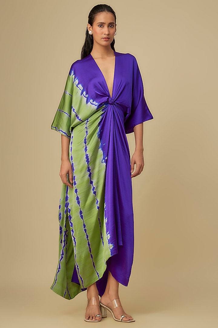 Purple Silk Lycra Satin Front Knot Leheriya Cocktail Dress by Stephany at Pernia's Pop Up Shop