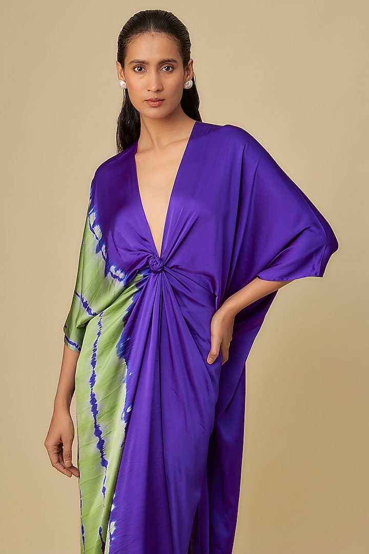 Purple Silk Lycra Satin Front Knot Leheriya Cocktail Dress by Stephany at Pernia's Pop Up Shop