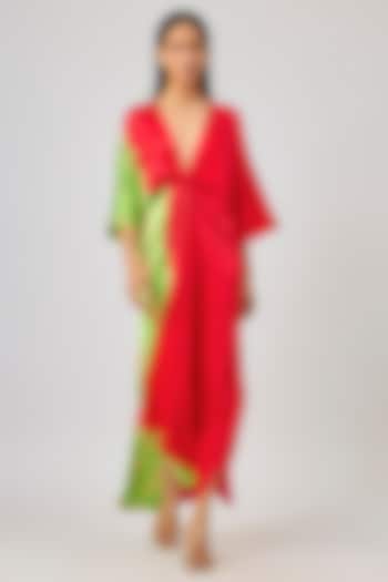 Red Silk Lycra Satin Front Knot Leheriya Cocktail Dress by Stephany at Pernia's Pop Up Shop