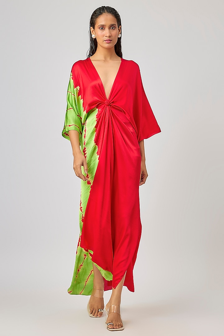 Red Silk Lycra Satin Front Knot Leheriya Cocktail Dress by Stephany at Pernia's Pop Up Shop