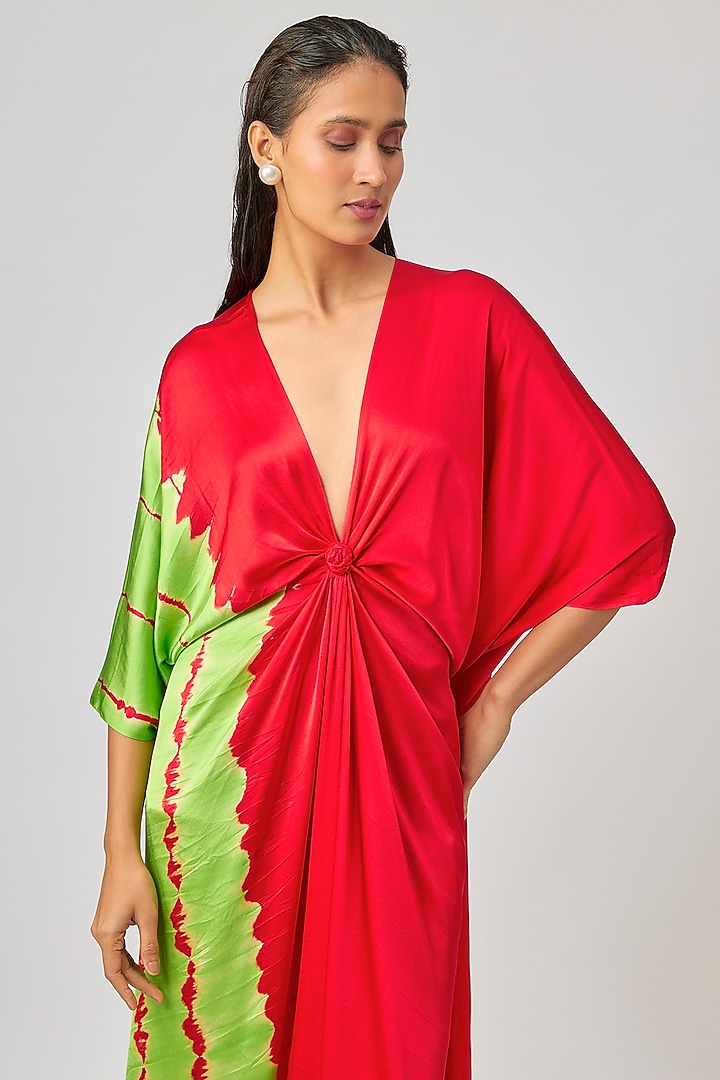 Red Silk Lycra Satin Front Knot Leheriya Cocktail Dress by Stephany at Pernia's Pop Up Shop