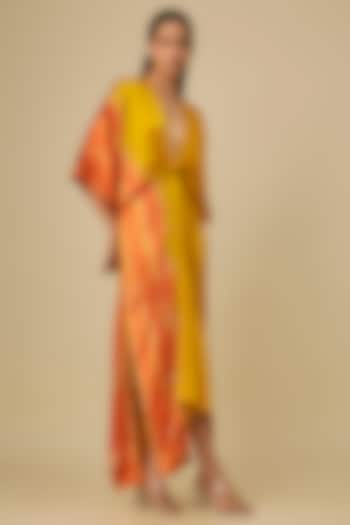 Gold Silk Lycra Satin Front Knot Leheriya Cocktail Dress by Stephany at Pernia's Pop Up Shop