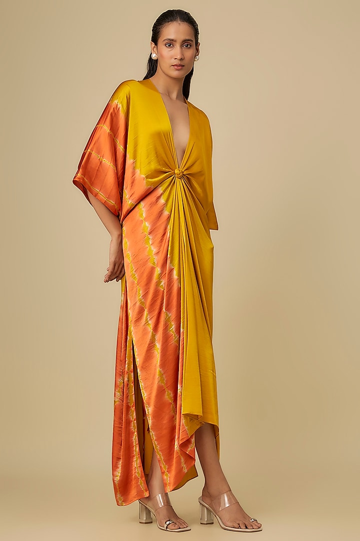 Gold Silk Lycra Satin Front Knot Leheriya Cocktail Dress by Stephany at Pernia's Pop Up Shop